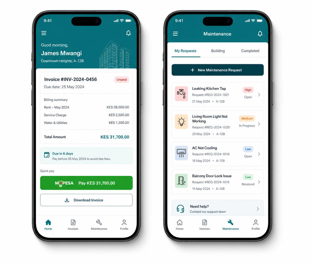 Marunik Homes mobile app showing a tenant invoice with M-Pesa payment and a maintenance request list